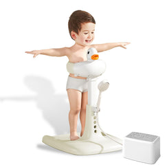 SMLXLXX adjustable-height baby shower stand with duck design supports safe bathing.