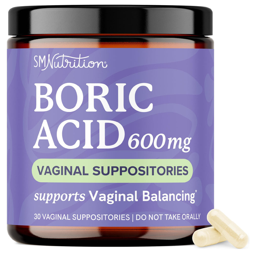 SMNutrition boric acid suppositories 600mg packaging for easy storage and travel.