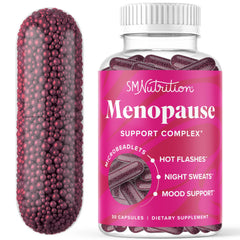 SMNutrition Menopause Beadlets bottle showing capsules for potential hot flash relief.
