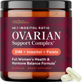 SMNutrition Ovarian Support bottle label highlighting DIM and inositol benefits.