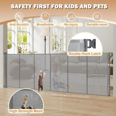 SMONTER mesh gate ready for indoor and outdoor use beside a railing.