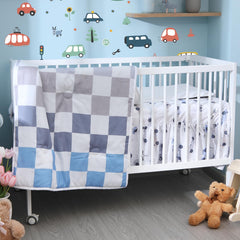 SmoothNovelty race cars crib comforter for a playful boys' nursery.