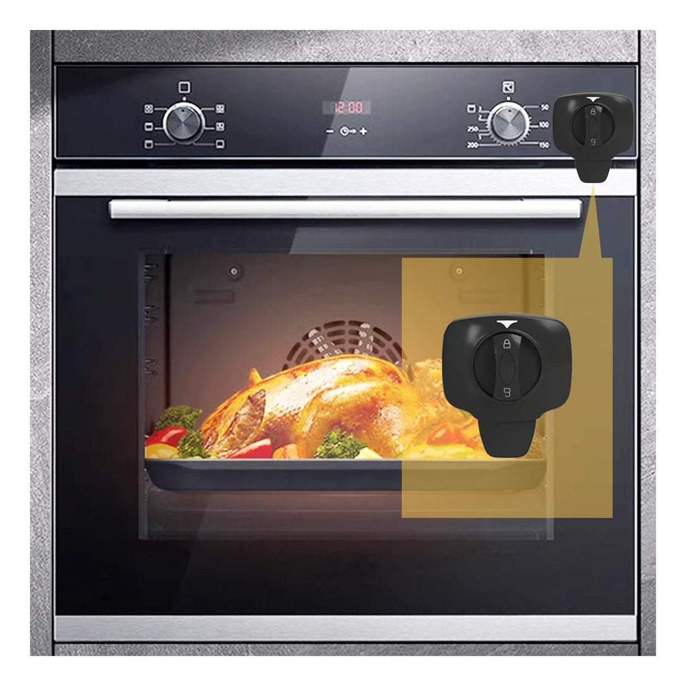 Snowharp knob-switch oven lock front view for child safety and easy verification.