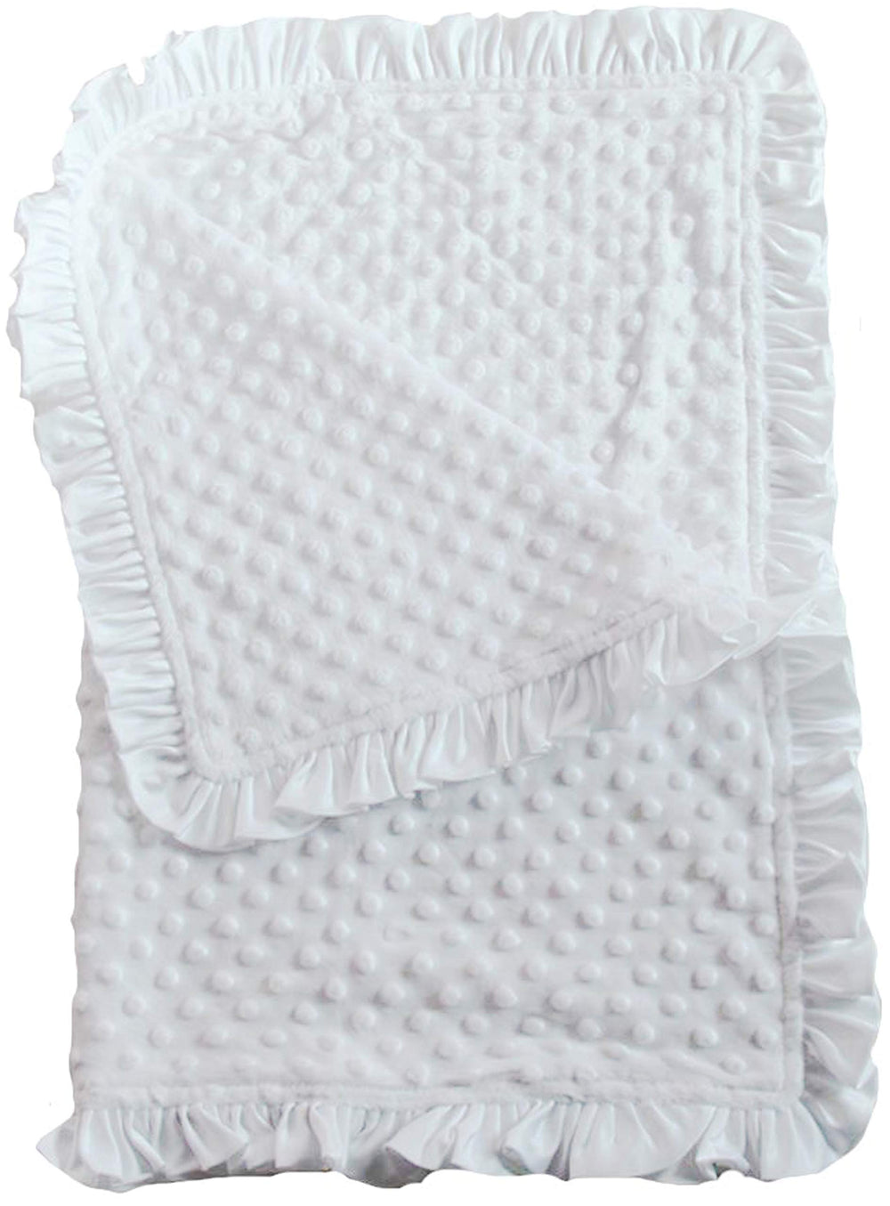 Snuggle Stuffs white minky dot blanket with satin ruffle, ultra-soft for newborn comfort.