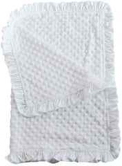 Snuggle Stuffs white minky dot blanket with satin ruffle, ultra-soft for newborn comfort.