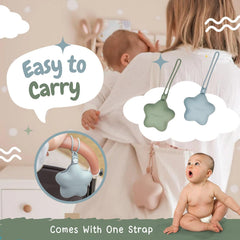 SnuggyBaby pacifier holder with strap attached ready to clip