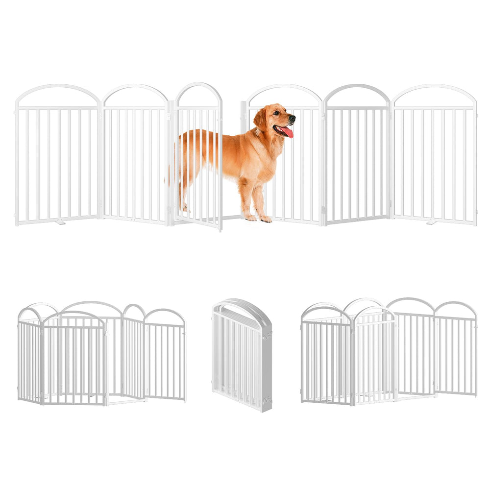 SNUOWU 6-panel freestanding dog gate in doorway with stable containment.