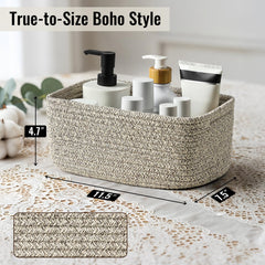 Snuvid woven rope bin in bathroom holding toiletries in a neat stack