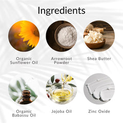 Ingredient chart highlights plant-based balance for sensitive baby skin.