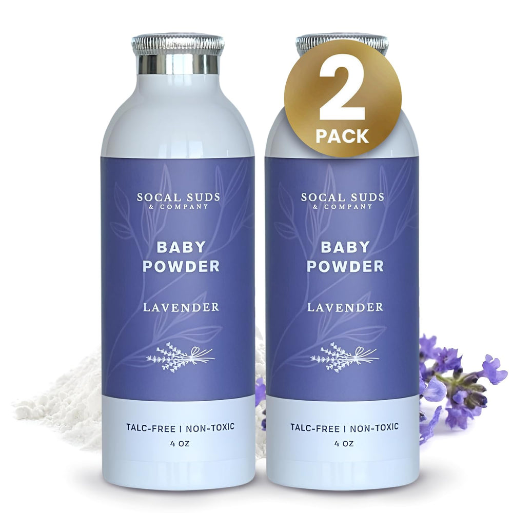 SoCal Suds & Company lavender baby powder packaging promotes gentle skin care