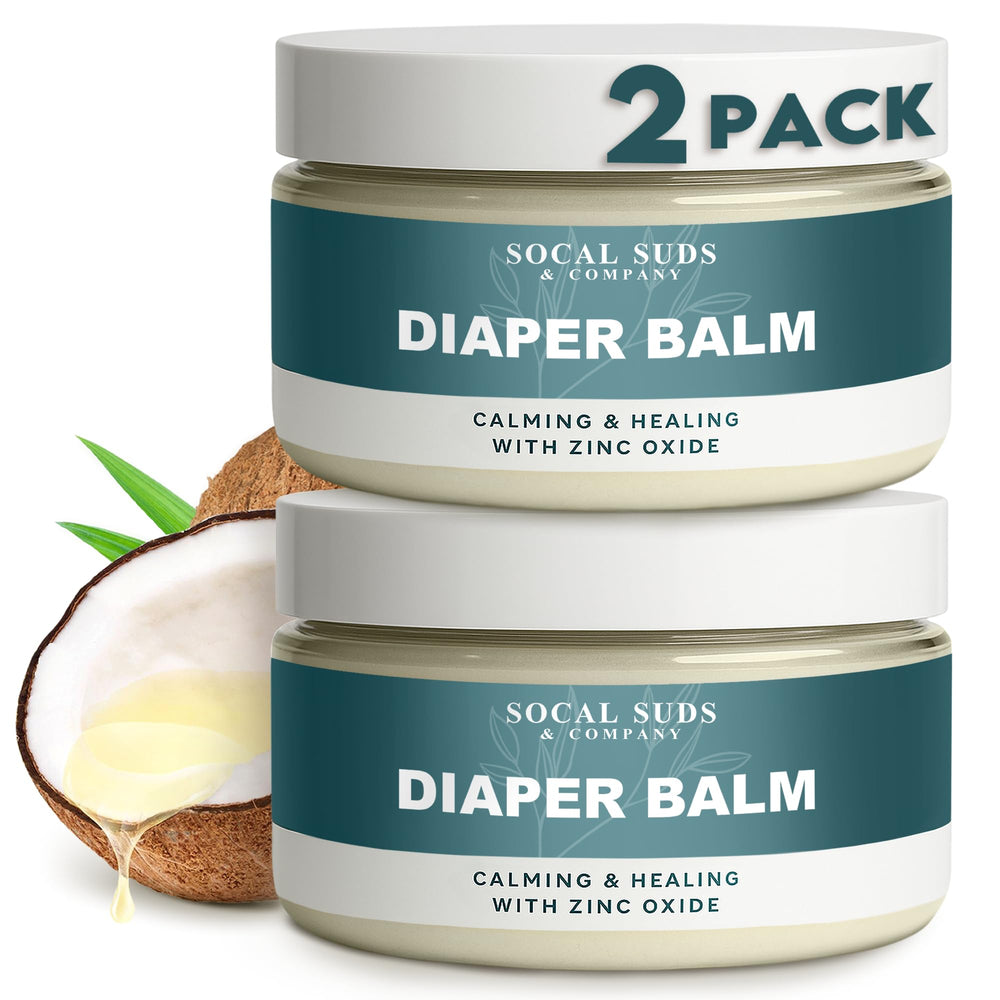 SoCal Suds & Company Natural Bottom Balm 2-pack packaging, fragrance-free and travel-friendly.