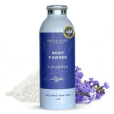 SoCal Suds & Company lavender body powder bottle shows talc-free formula for soft, comfortable skin