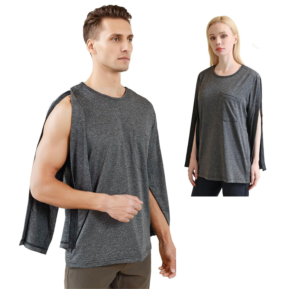 SOEDZUNG unisex recovery shirt in gray, front view, easy dressing for post-surgery days.