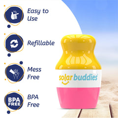 Solar Buddies roll-on sunscreen applicator for mess-free, targeted application.