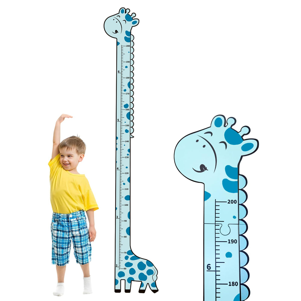 Soleim wooden growth chart with blue giraffe on wall for growth tracking and decor