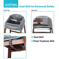 Solfres dual-belt high chair cover back view highlights extra safety strap