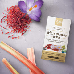 Solgar Menopause Relief bottle close-up showcasing packaging and label.