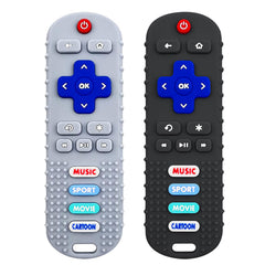 SOLIFEGOBLE remote teether gray front view, soft silicone for gentle gum relief during play