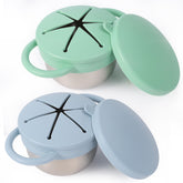 Solinfant stainless steel snack cup with spill-proof design for mess-free snacking.