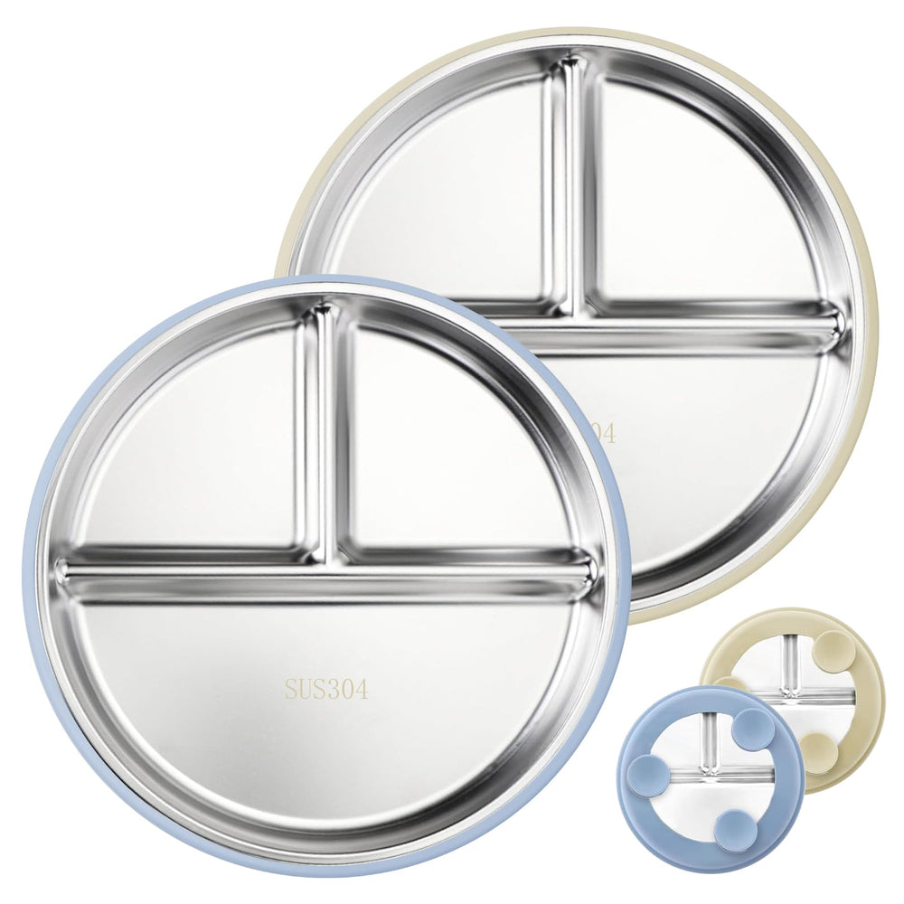 Solldgt stainless steel kids plate with blue suction base keeps meals in place.