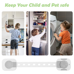 Songaa adjustable cabinet lock strap showing length customization for different cabinet sizes.