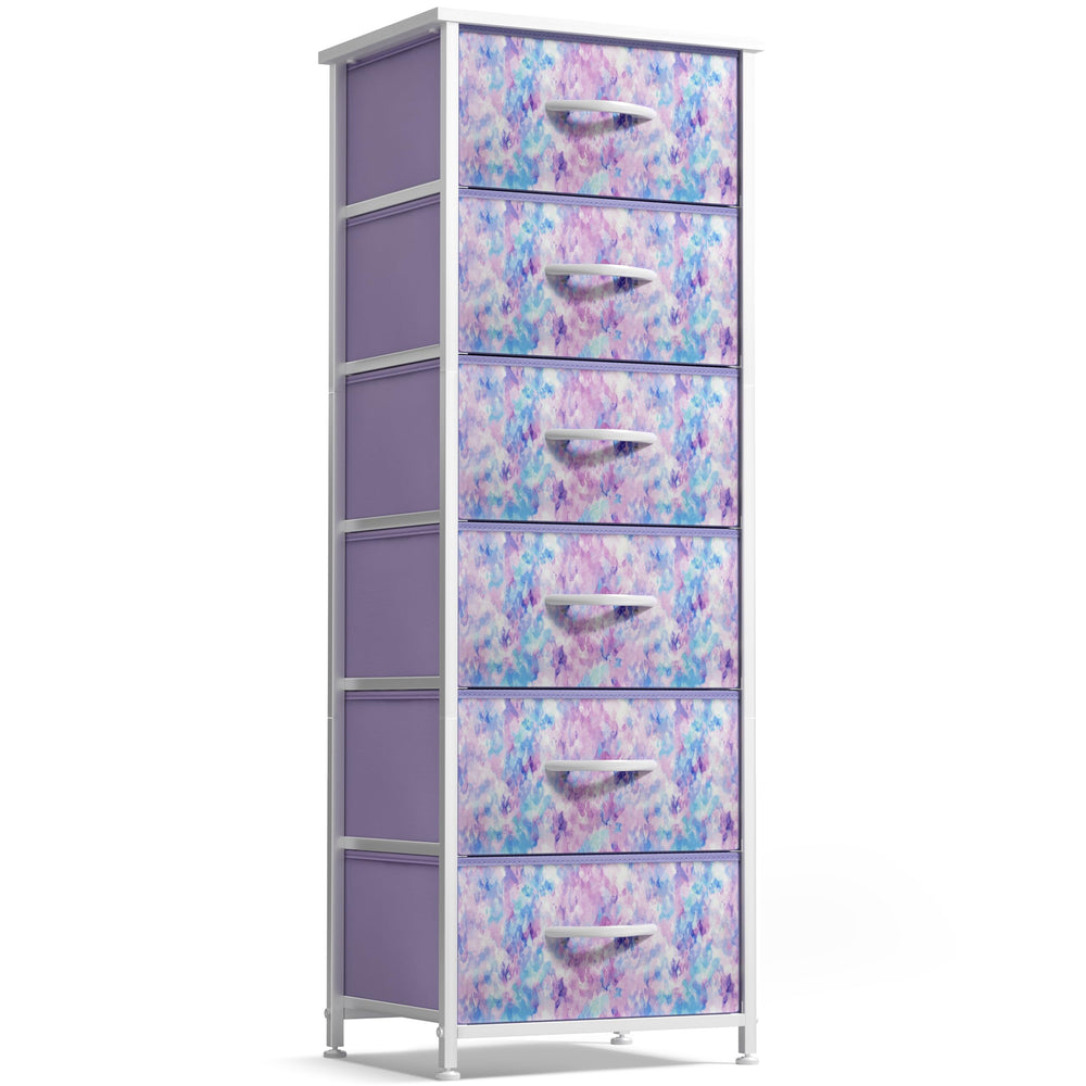 Sorbus Fabric Dresser with 6 drawers and wood top keeps kids’ clothes organized.