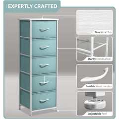 Sorbus Fabric Dresser Aqua side view highlights slim footprint for small rooms.