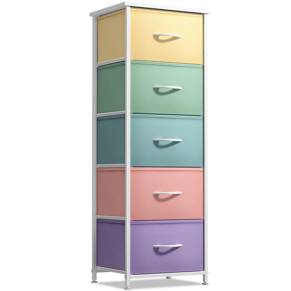 Sorbus fabric dresser pastel drawers neatly organize toys and clothes.