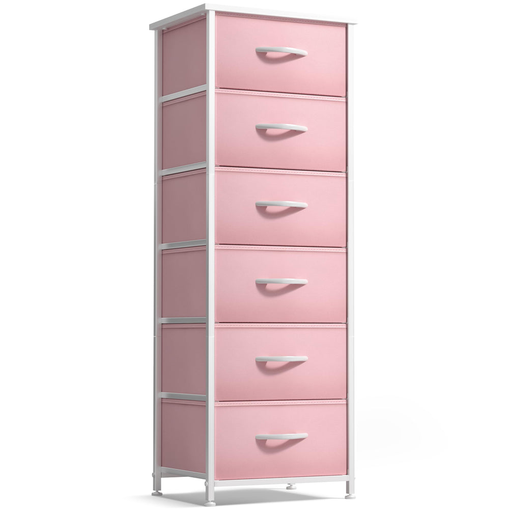 Sorbus fabric dresser pink front view showing six drawers for organized clothing storage.