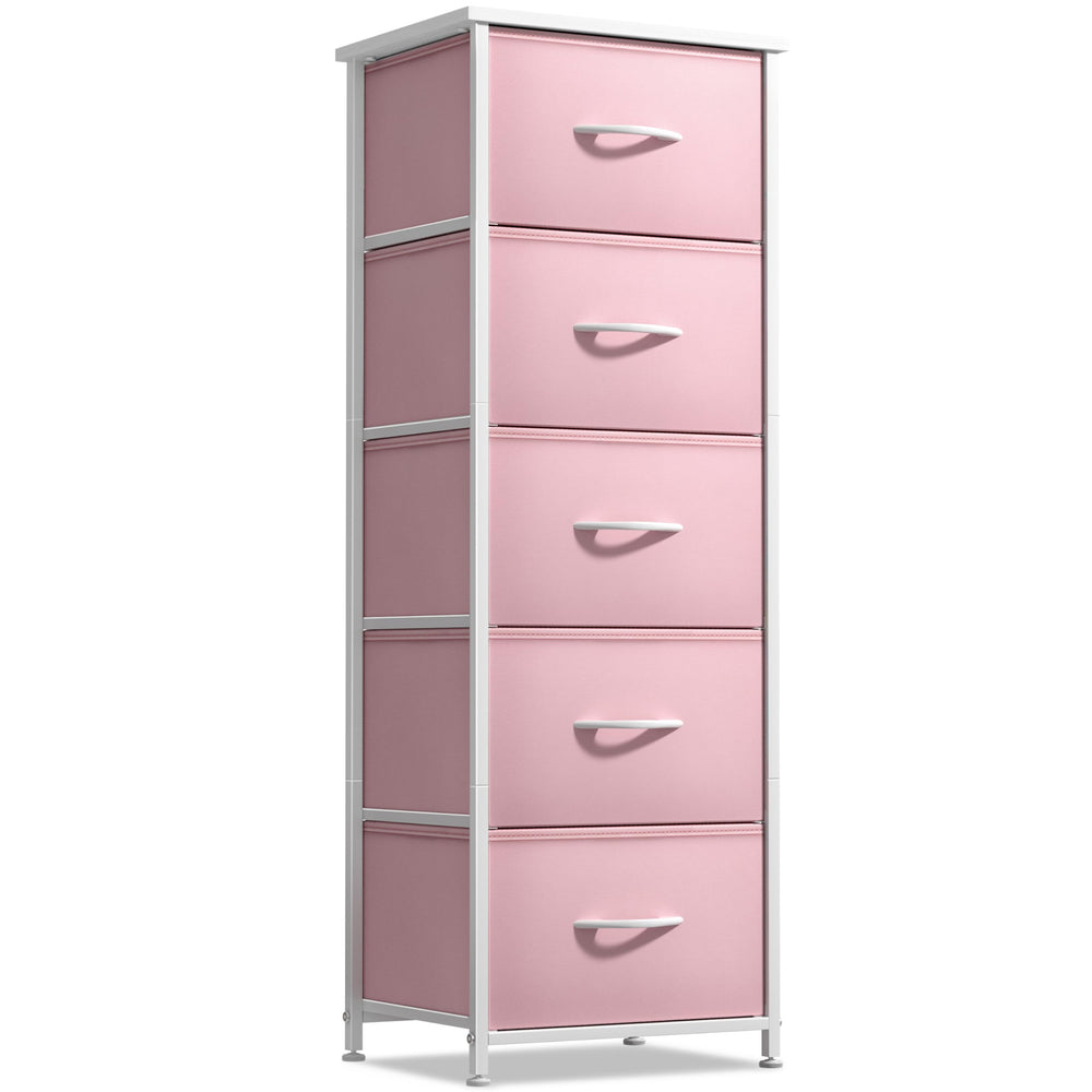 Sorbus fabric dresser pink with wood top ideal for display and organizing.