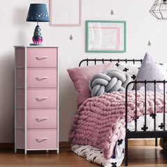 Sorbus five-drawer pink dresser with foldable drawers keeps clutter out of sight.