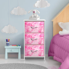 Sorbus nightstand 3-drawer pink tie-dye top surface displaying lamp and clock.