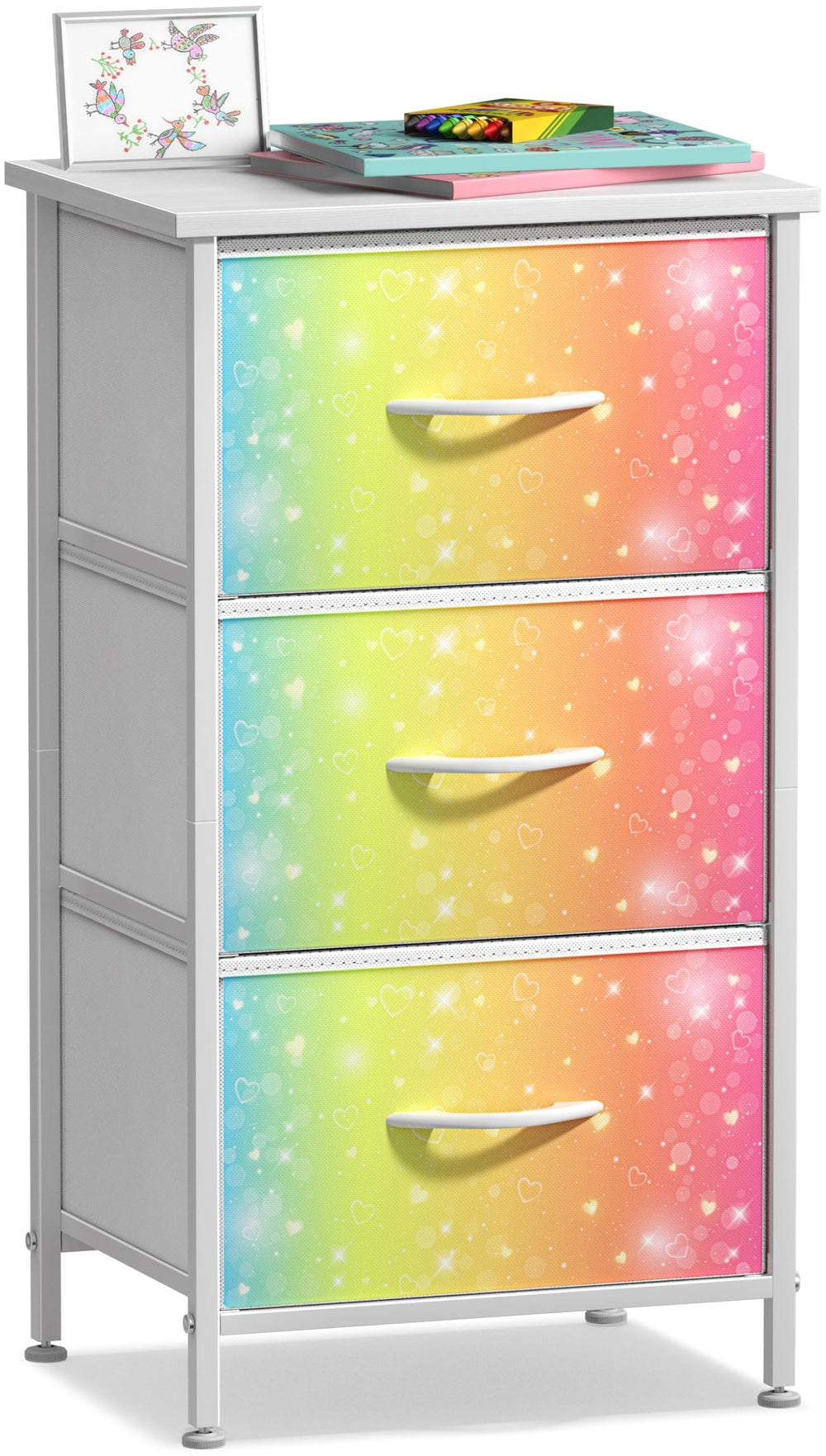 Sorbus nightstand with 3-drawer rainbow drawers and wood top for kid-friendly storage