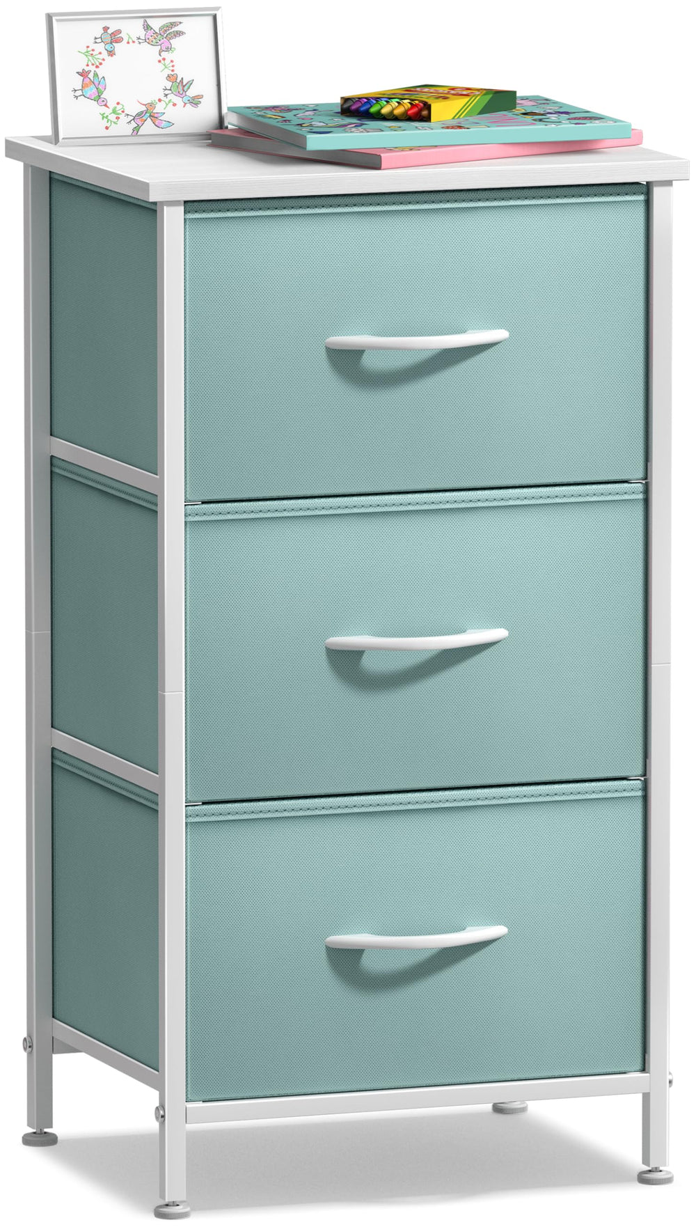 Sorbus nightstand with aqua wood top and three drawers for bedside storage