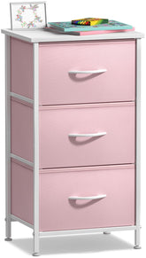 Sorbus nightstand with 3-drawers and pink fabric, perfect bedside storage.