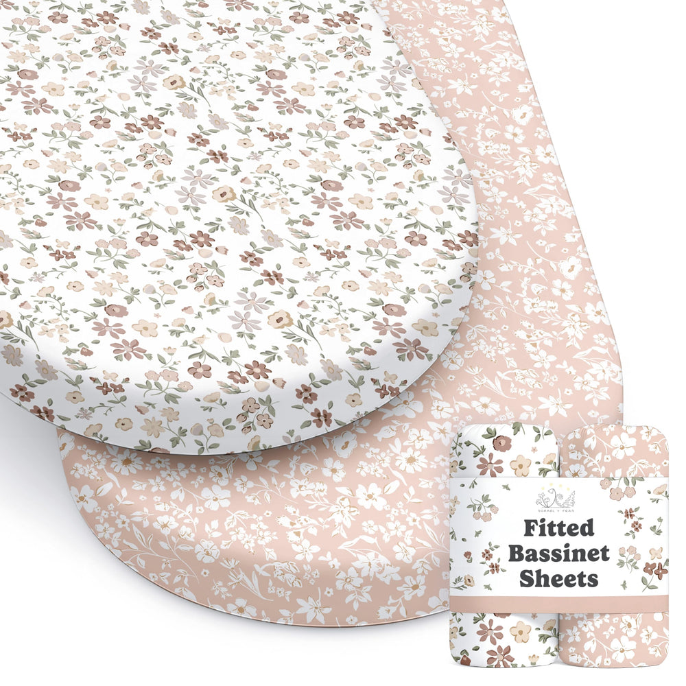 Sorrel and Fern baby bassinet sheets featuring Fleurette pattern for a cozy sleep space.