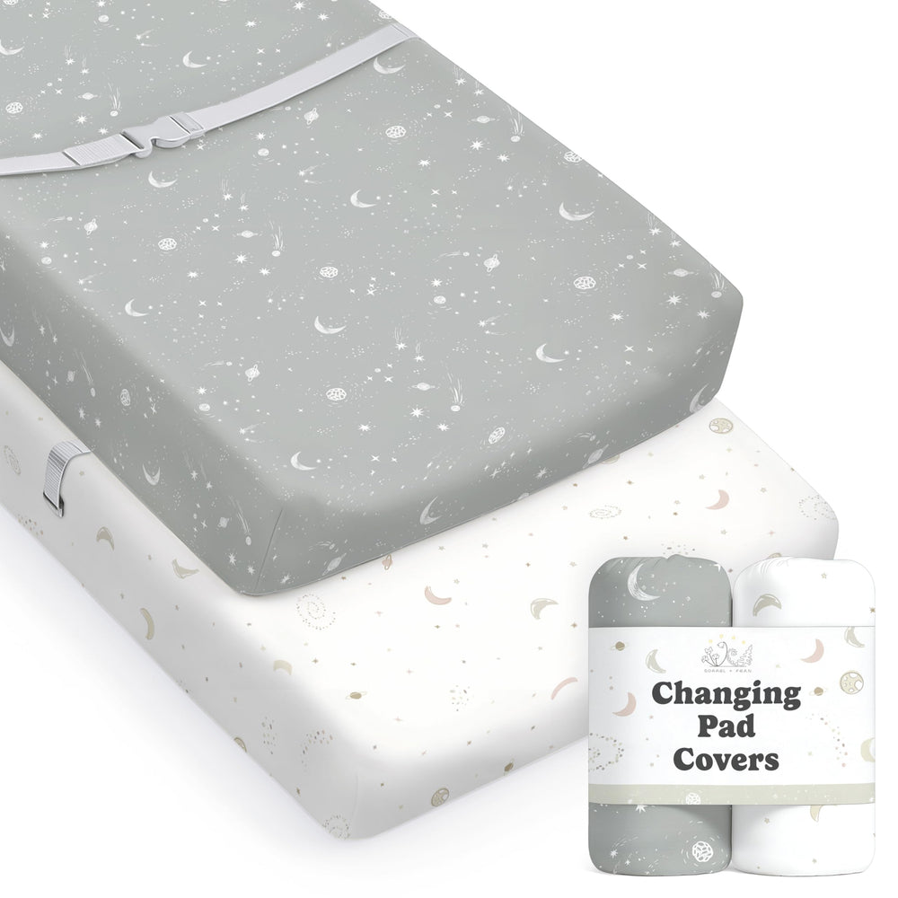 Sorrel + Fern changing pad cover with galaxy-pattern for a soft, secure fit.