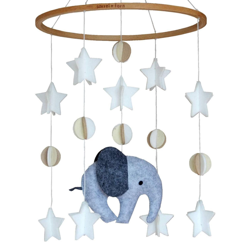 Sorrel + Fern baby crib mobile with wooden elephant for unisex nursery decor.
