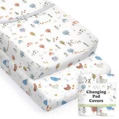 Sorrel + Fern changing pad cover in farm animals pattern keeps nursery stylish and cozy.