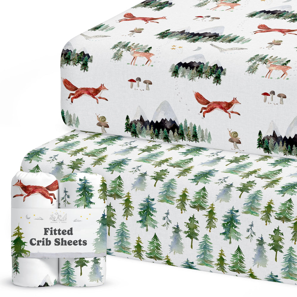 Sorrel + Fern crib sheet woodland animals pattern for a cozy nursery.