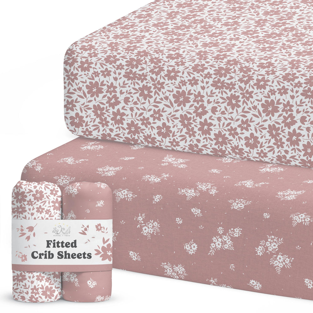Sorrel + Fern crib sheets Antique Rose flatlay showing buttery softness and design