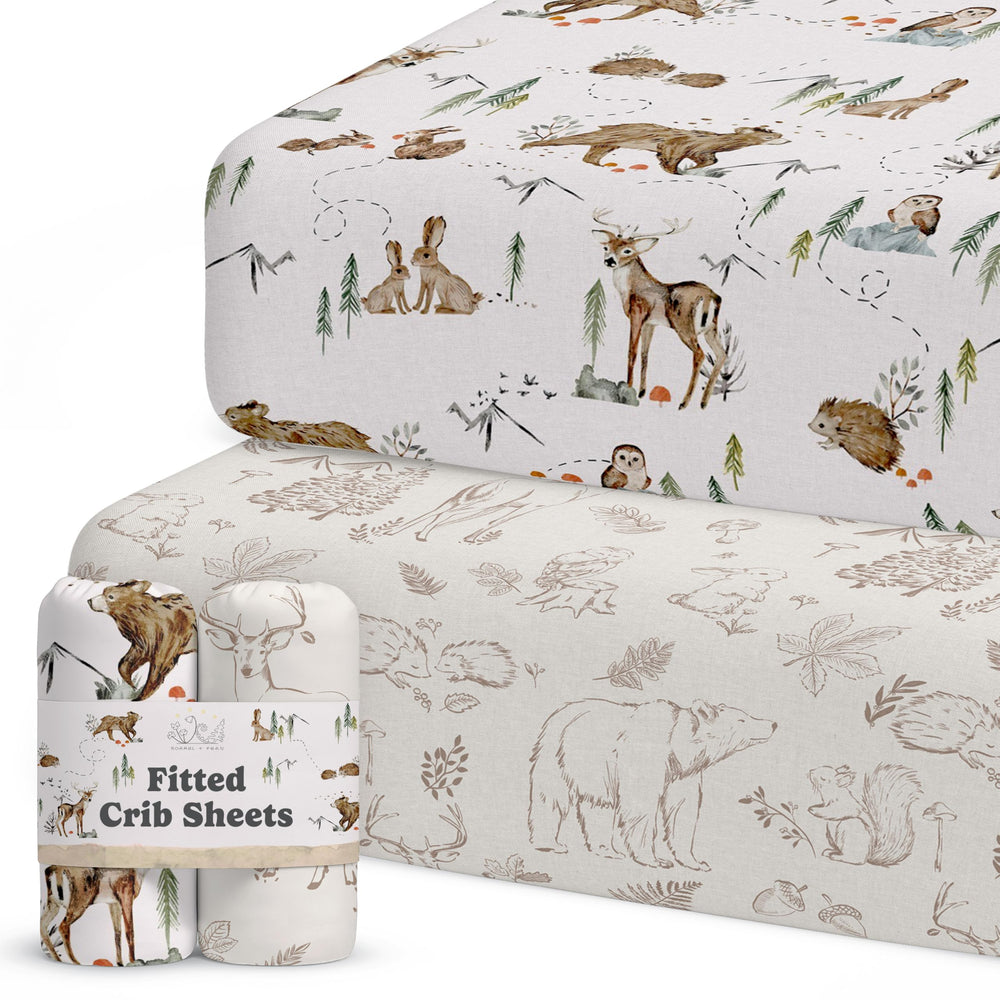 Sorrel + Fern neutral crib sheets with magic forest pattern, soft and breathable.