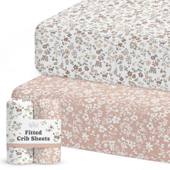 Sorrel + Fern crib sheets Neutral pattern close-up highlights soft fabric and cozy touch.