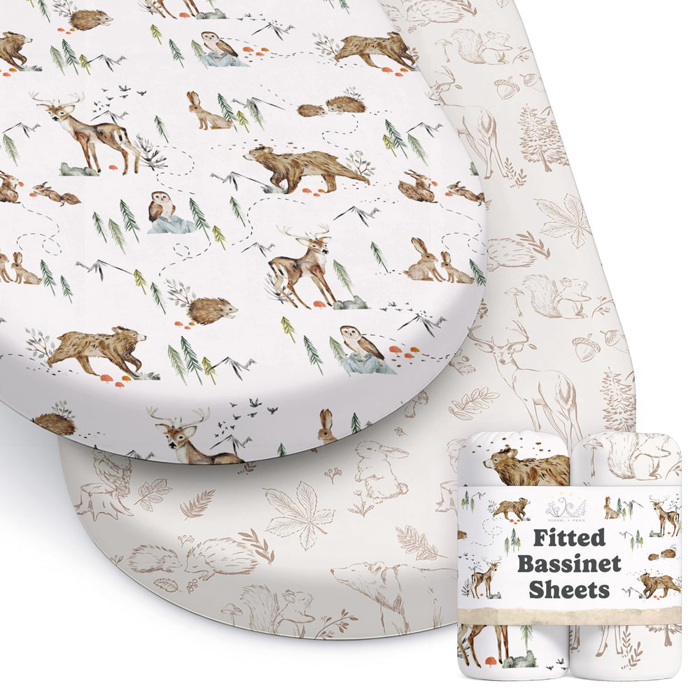 Sorrel + Fern Magic Forest bassinet sheet pattern closeup showing soft fabric for gentle baby sleep.