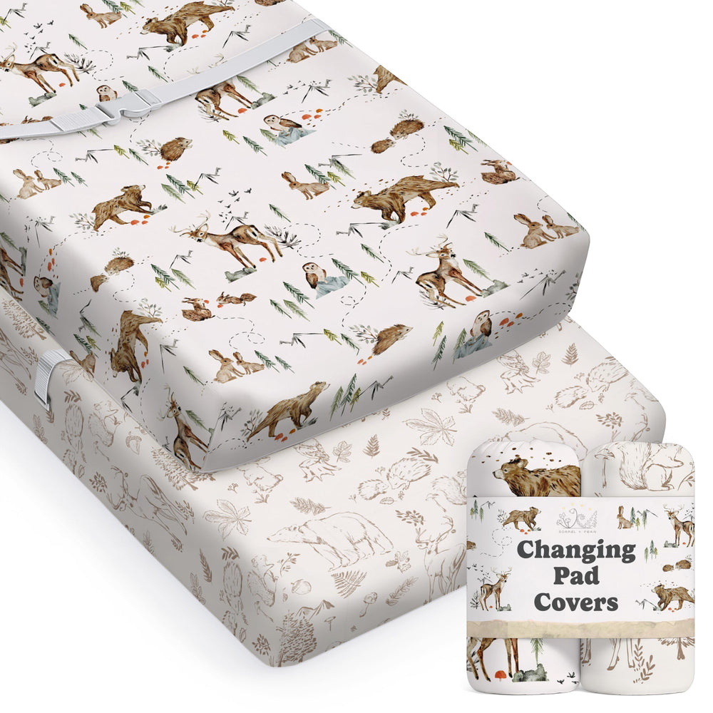 Sorrel + Fern Magic Forest changing pad cover close-up in ultra-soft cotton blend for baby comfort.