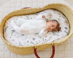 Sorrel + Fern Ocean Odyssey fitted sheet detail highlights secure elastic for snug mattress fit.