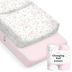 Sorrel + Fern Unicorn Blossom changing pad cover in action, silky cotton blend protects baby during changes.