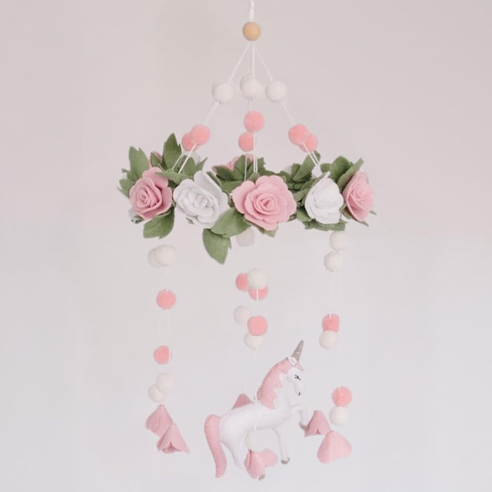 Sorrel + Fern unicorn-blossom-mobile with wooden beech base for soothing nursery visuals.