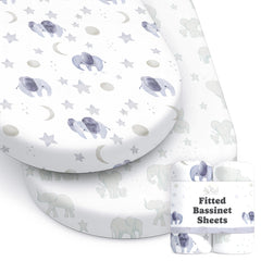 Sorrel + Fern watercolor elephants bassinet sheet offers a soft, cozy sleep surface.