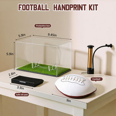 Soulchen football display case with ball base and turf ready for baby footprints.